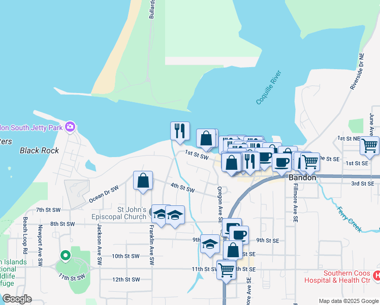 map of restaurants, bars, coffee shops, grocery stores, and more near 390 1st Street Southwest in Bandon