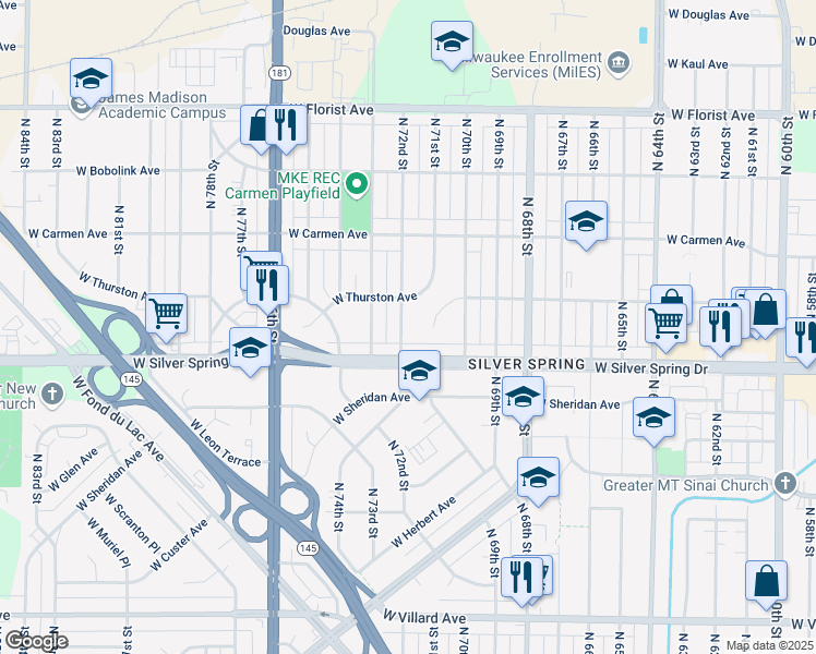 map of restaurants, bars, coffee shops, grocery stores, and more near 5638 North 72nd Street in Milwaukee