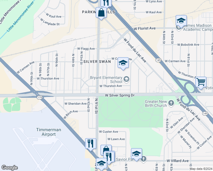 map of restaurants, bars, coffee shops, grocery stores, and more near N 90th St & W Thurston Ave in Milwaukee