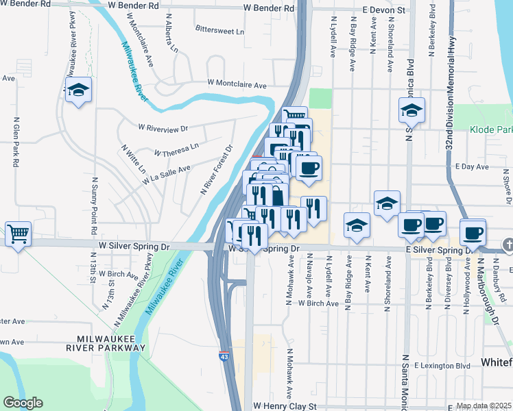 map of restaurants, bars, coffee shops, grocery stores, and more near 5670 North Port Washington Road in Glendale