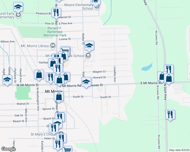 map of restaurants, bars, coffee shops, grocery stores, and more near 1111 Howard Street in Mount Morris