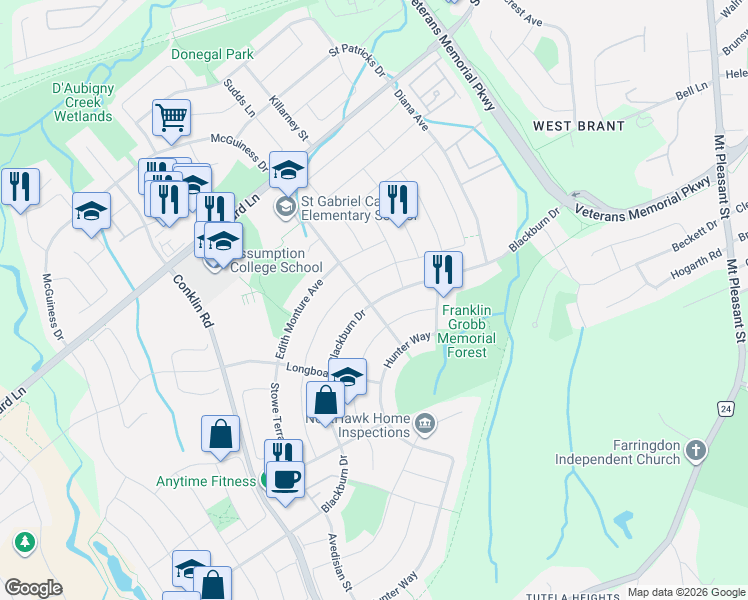 map of restaurants, bars, coffee shops, grocery stores, and more near 128 Blackburn Drive in Brantford