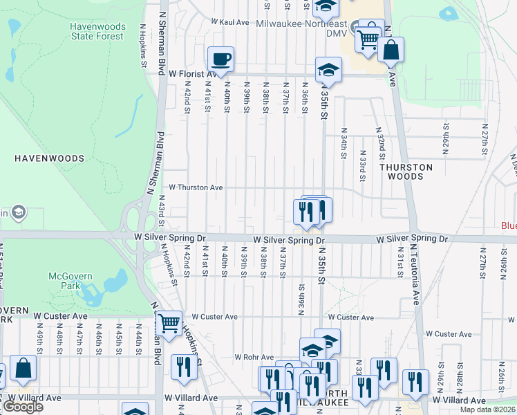 map of restaurants, bars, coffee shops, grocery stores, and more near 5659 North 38th Street in Milwaukee