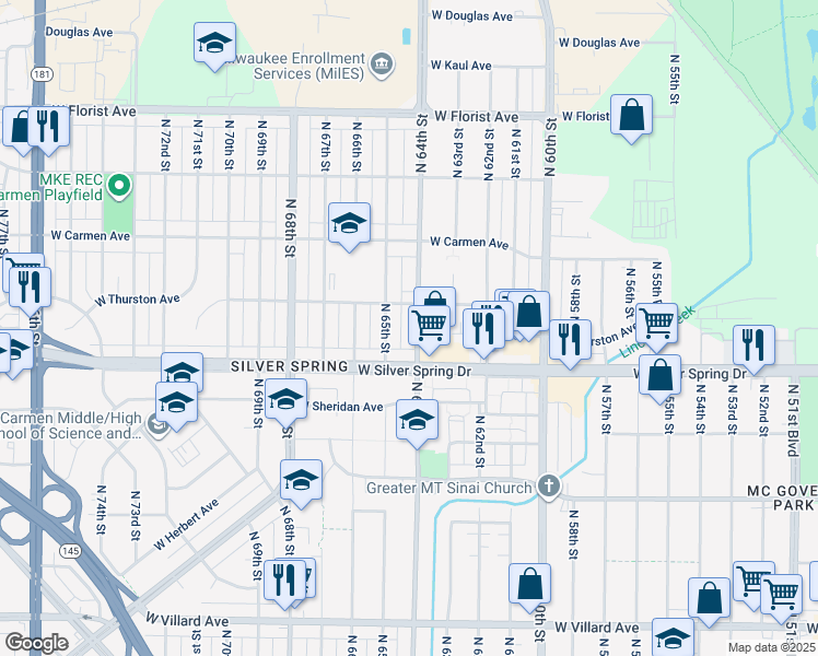 map of restaurants, bars, coffee shops, grocery stores, and more near 5647 North 64th Street in Milwaukee