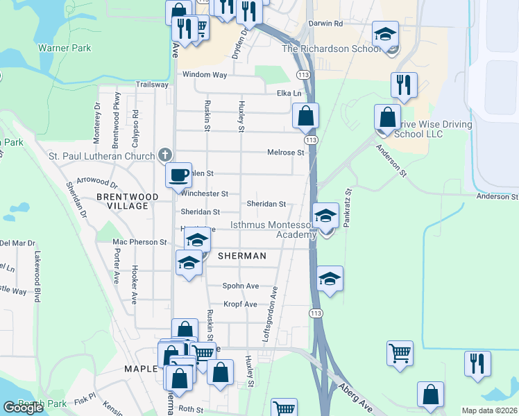 map of restaurants, bars, coffee shops, grocery stores, and more near 1919 Sheridan Street in Madison