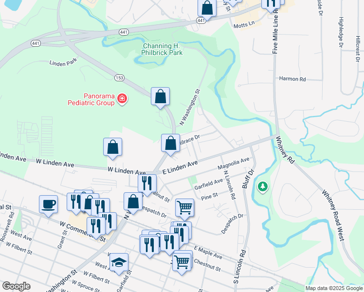 map of restaurants, bars, coffee shops, grocery stores, and more near 124 Milrace Drive in East Rochester