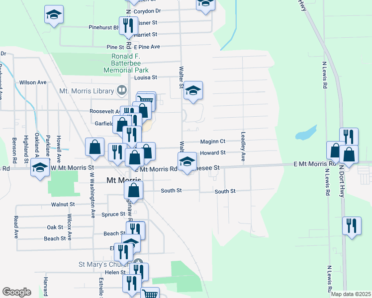 map of restaurants, bars, coffee shops, grocery stores, and more near 11854 Walter Street in Mount Morris