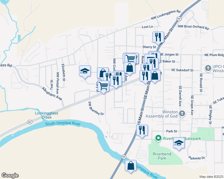 map of restaurants, bars, coffee shops, grocery stores, and more near 350 West Douglas Boulevard in Winston