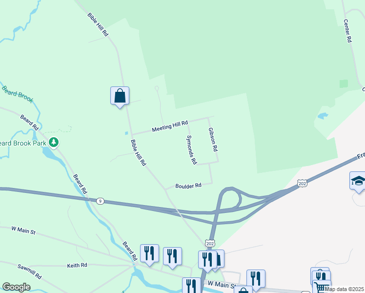 map of restaurants, bars, coffee shops, grocery stores, and more near 44 Symonds Road in Hillsboro