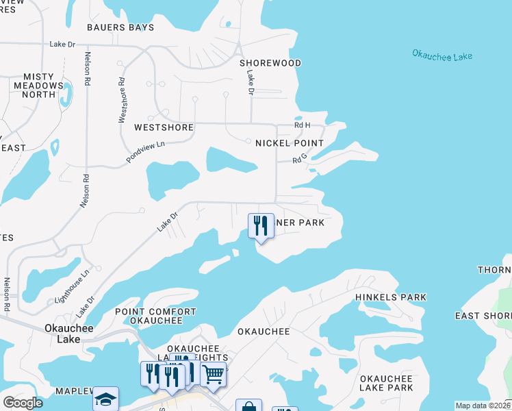 map of restaurants, bars, coffee shops, grocery stores, and more near N55W34699 Lake Drive in Oconomowoc