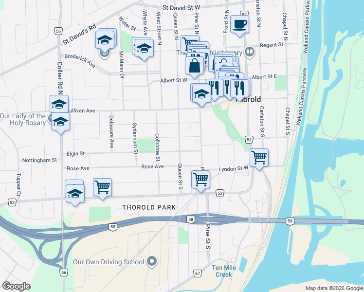 map of restaurants, bars, coffee shops, grocery stores, and more near 68 Queen Street South in Thorold