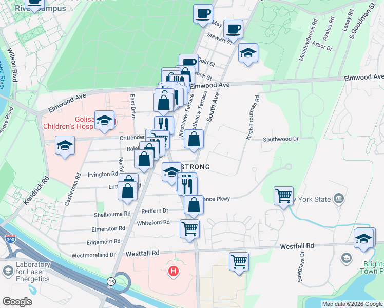map of restaurants, bars, coffee shops, grocery stores, and more near 1783 South Avenue in Rochester