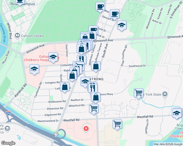 map of restaurants, bars, coffee shops, grocery stores, and more near 30 Warren Street in Rochester