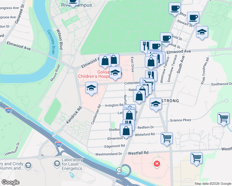 map of restaurants, bars, coffee shops, grocery stores, and more near 149 Raleigh Street in Rochester