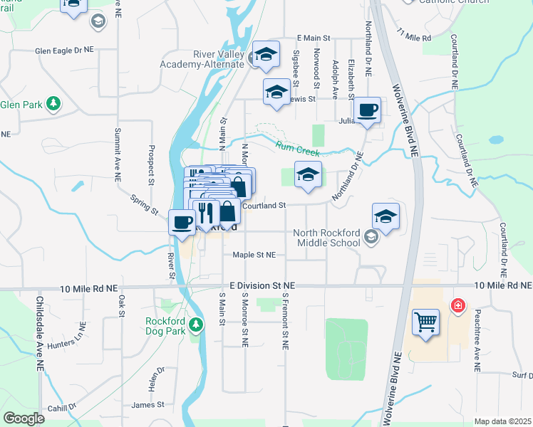 map of restaurants, bars, coffee shops, grocery stores, and more near 166 Courtland Street in Rockford