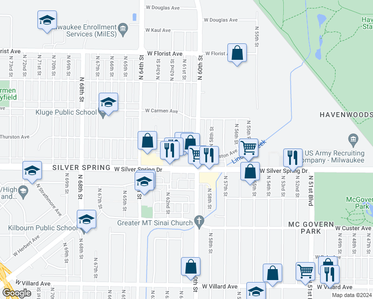 map of restaurants, bars, coffee shops, grocery stores, and more near 5640 North 61st Street in Milwaukee