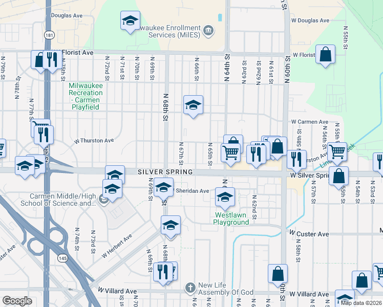 map of restaurants, bars, coffee shops, grocery stores, and more near 5642 North 67th Street in Milwaukee