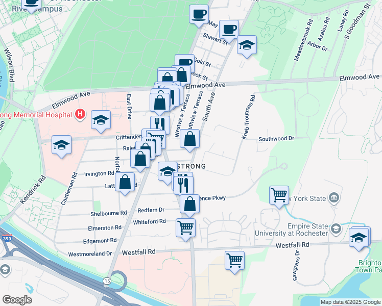 map of restaurants, bars, coffee shops, grocery stores, and more near 1783 South Avenue in Rochester