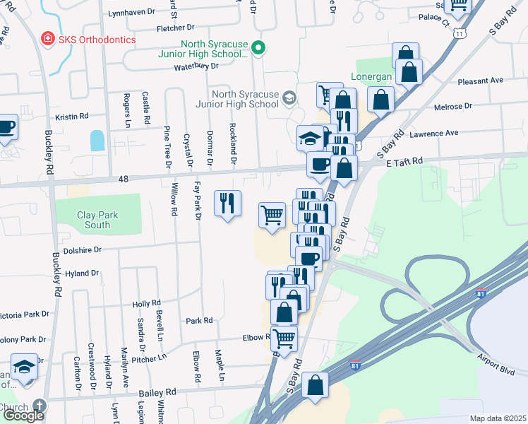 map of restaurants, bars, coffee shops, grocery stores, and more near 121 Wally Road in Syracuse
