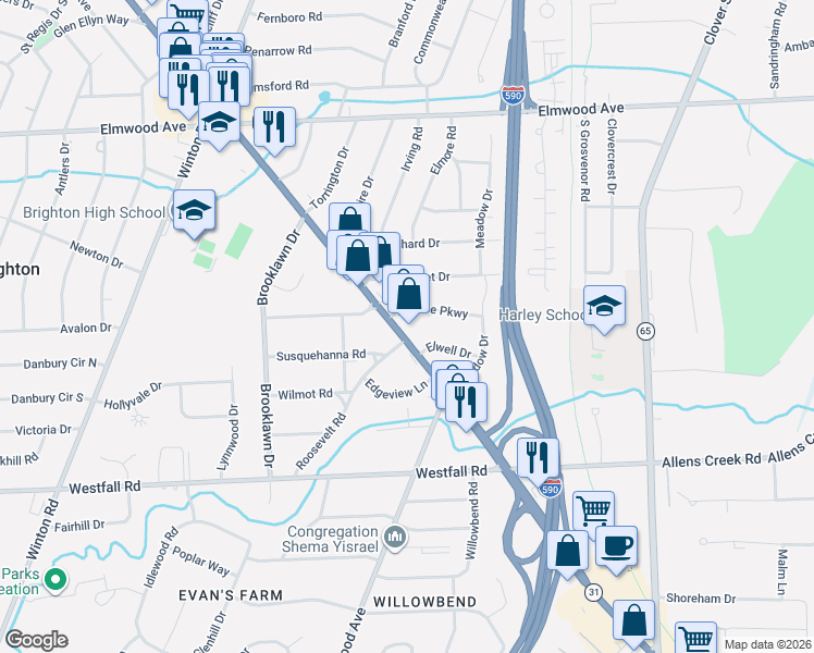 map of restaurants, bars, coffee shops, grocery stores, and more near 2308 Monroe Avenue in Rochester