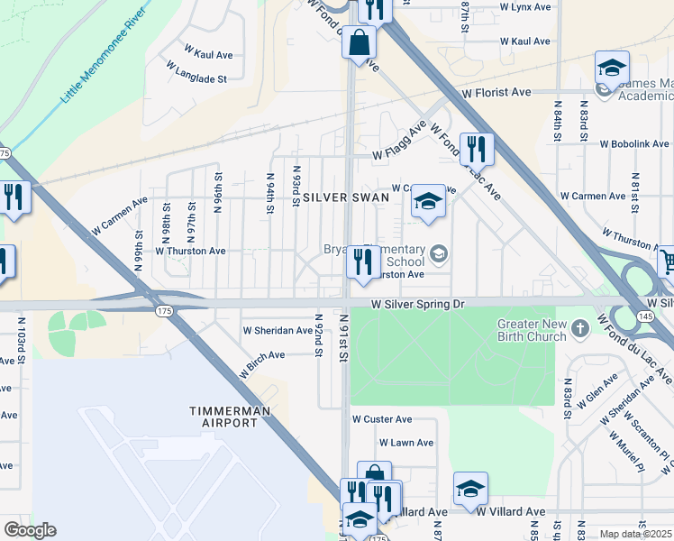 map of restaurants, bars, coffee shops, grocery stores, and more near 5651 North 91st Street in Milwaukee