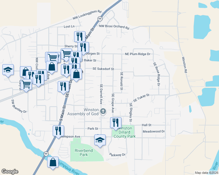 map of restaurants, bars, coffee shops, grocery stores, and more near 271 Southeast Robinson Street in Winston