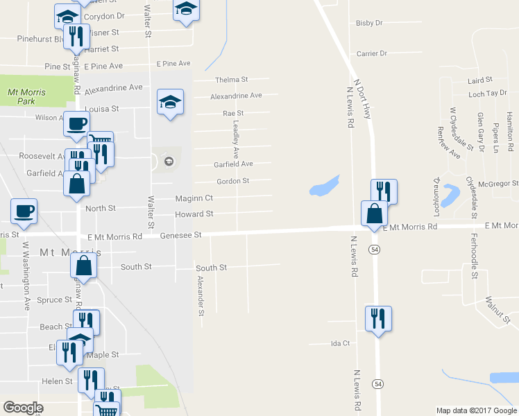 map of restaurants, bars, coffee shops, grocery stores, and more near 1295 Howard Street in Mount Morris