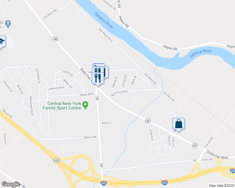 map of restaurants, bars, coffee shops, grocery stores, and more near 102 Northrup Blvd in Syracuse