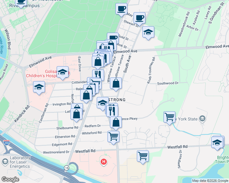 map of restaurants, bars, coffee shops, grocery stores, and more near 1783 South Avenue in Rochester