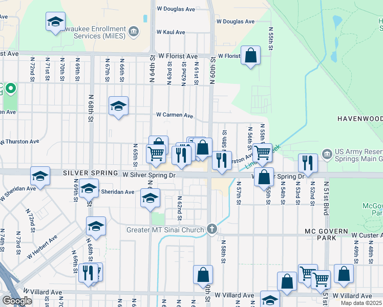 map of restaurants, bars, coffee shops, grocery stores, and more near 5640 North 61st Street in Milwaukee
