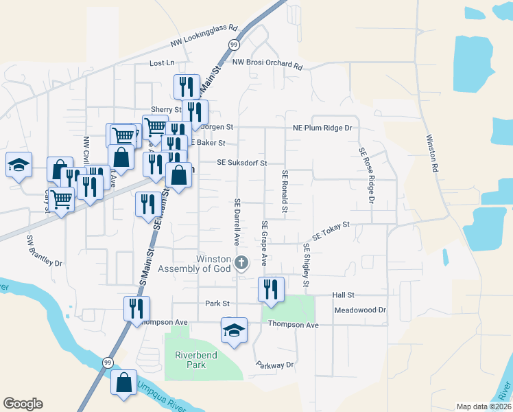 map of restaurants, bars, coffee shops, grocery stores, and more near 160 Darrell Avenue in Winston