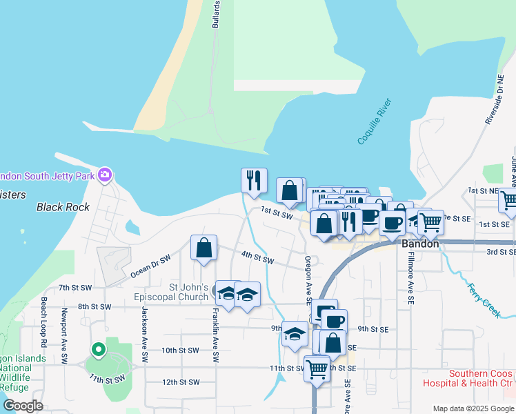 map of restaurants, bars, coffee shops, grocery stores, and more near 460 1st Street Southwest in Bandon