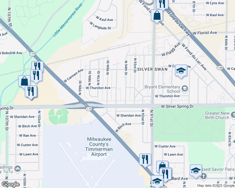 map of restaurants, bars, coffee shops, grocery stores, and more near 5646 North 95th Street in Milwaukee