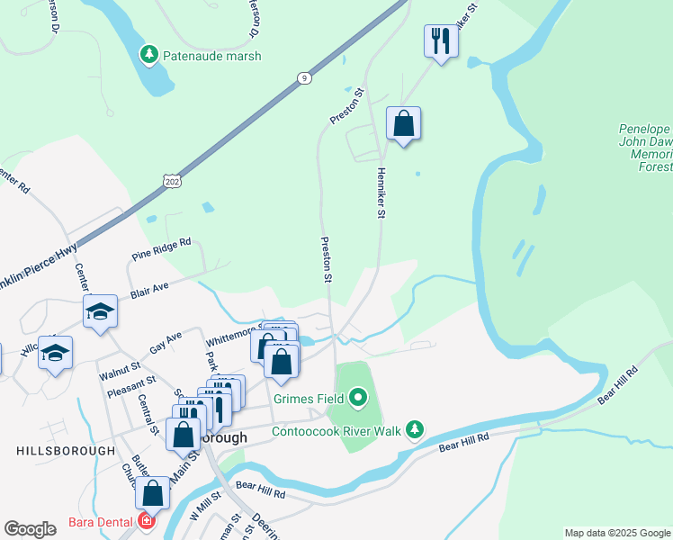 map of restaurants, bars, coffee shops, grocery stores, and more near 93 Preston Street in Hillsborough