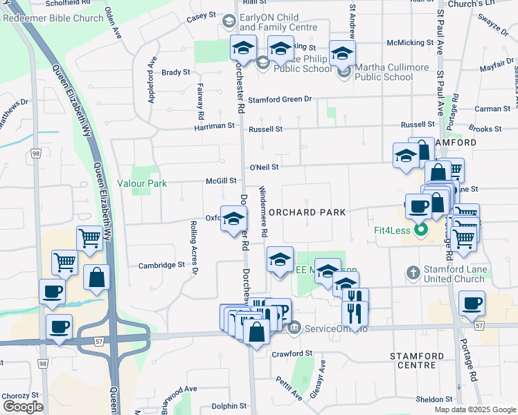 map of restaurants, bars, coffee shops, grocery stores, and more near 3579 Windermere Road in Niagara Falls