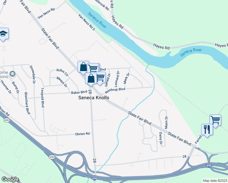 map of restaurants, bars, coffee shops, grocery stores, and more near 102 Northrup Boulevard in Syracuse