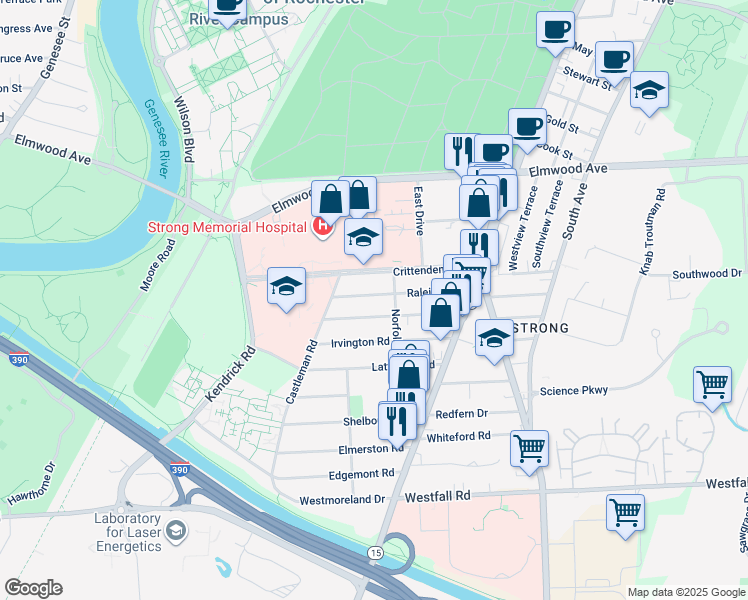 map of restaurants, bars, coffee shops, grocery stores, and more near 149 Raleigh Street in Rochester