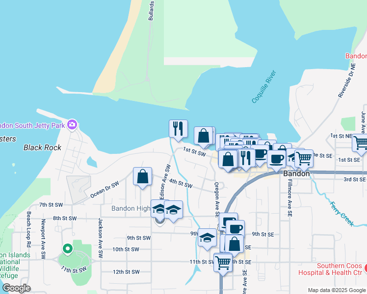 map of restaurants, bars, coffee shops, grocery stores, and more near 460 1st Street Southwest in Bandon