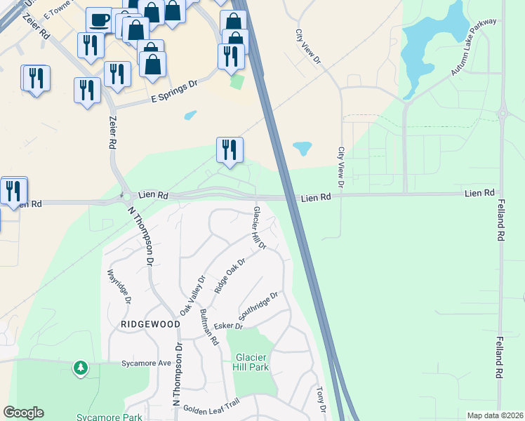 map of restaurants, bars, coffee shops, grocery stores, and more near 1601 Glacier Hill Drive in Madison