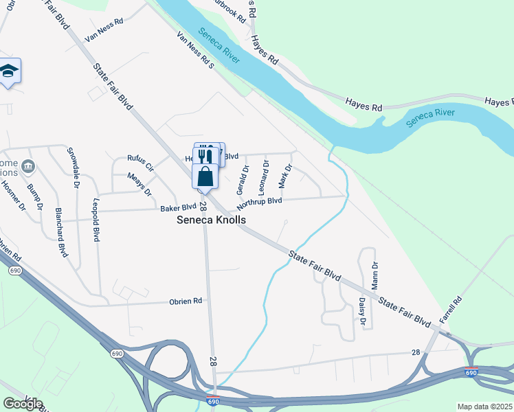 map of restaurants, bars, coffee shops, grocery stores, and more near 102 Northrup Boulevard in Syracuse