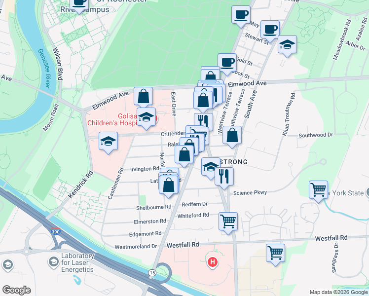 map of restaurants, bars, coffee shops, grocery stores, and more near 32 Rossiter Road in Rochester