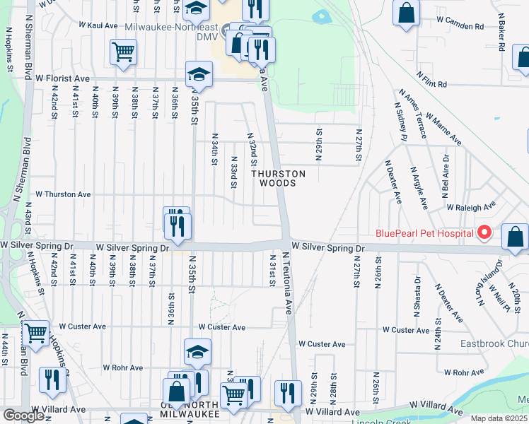 map of restaurants, bars, coffee shops, grocery stores, and more near 3136 West Reichert Place in Milwaukee