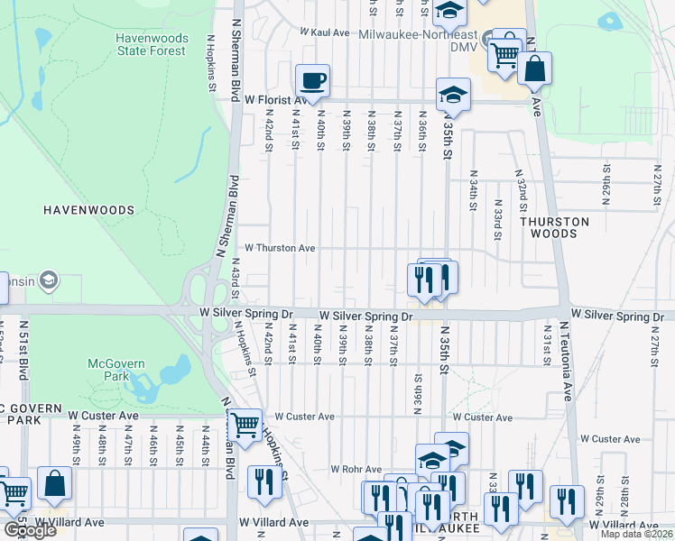 map of restaurants, bars, coffee shops, grocery stores, and more near 5653 North 39th Street in Milwaukee
