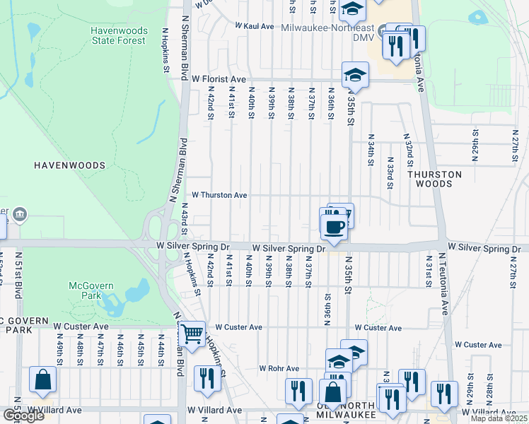 map of restaurants, bars, coffee shops, grocery stores, and more near 5653 North 39th Street in Milwaukee