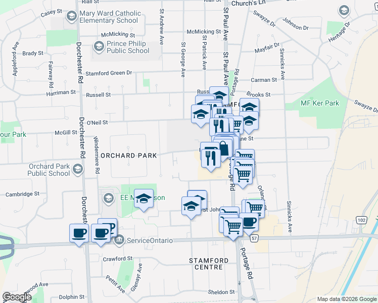 map of restaurants, bars, coffee shops, grocery stores, and more near in Niagara Falls