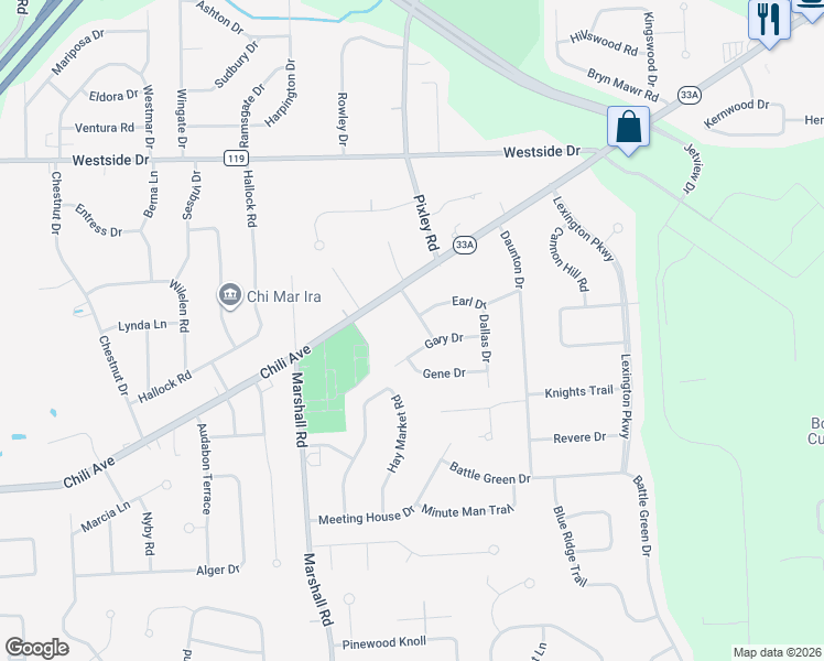 map of restaurants, bars, coffee shops, grocery stores, and more near 7 Hillcrest Drive in Rochester