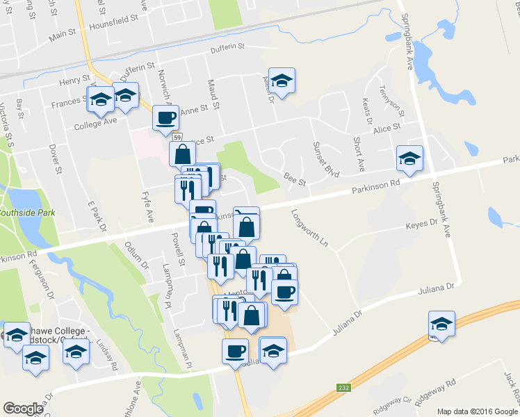 map of restaurants, bars, coffee shops, grocery stores, and more near 840 Parkinson Road in Woodstock