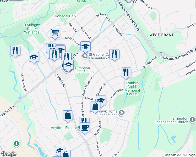 map of restaurants, bars, coffee shops, grocery stores, and more near 132 Osborn Avenue in Brantford
