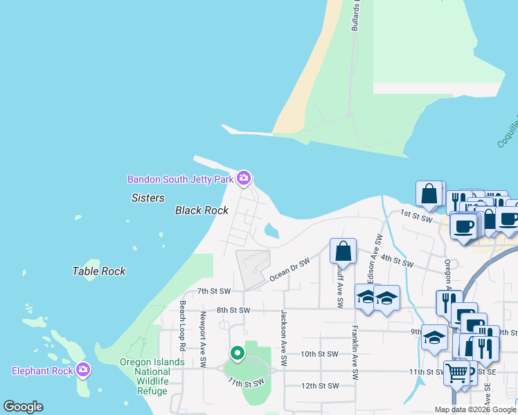 map of restaurants, bars, coffee shops, grocery stores, and more near 375 Jetty Road Southwest in Bandon