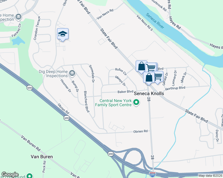 map of restaurants, bars, coffee shops, grocery stores, and more near 126 Baker Boulevard in Syracuse